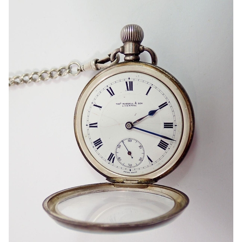 743 - A silver pocket watch by Thomas Russell & Son Birmingham 1916 and a silver fob chain with coin, chai... 