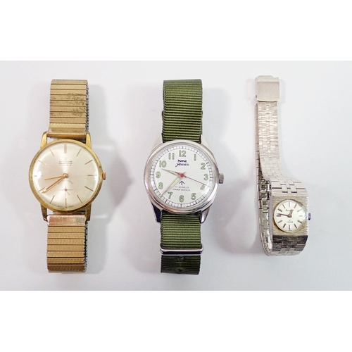 744 - A gents Allaine wrist watch, an Indian army watch and a ladies Accurist silver plated bracelet watch