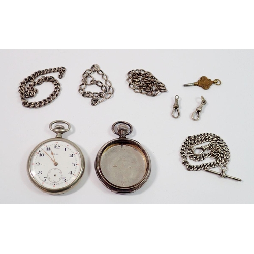 748 - A silver pocket watch case with silver fob chain plus a silver plated Lip pocket watch and various l... 