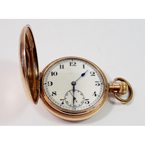 750 - A Swiss jewelled rolled gold full hunter pocket watch in a Dennison case with Arabic dial