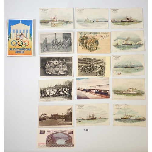 762 - A collection of thirty five miscellaneous postcards inlcuding Boar War, Warships, Berlin Olympics 19... 