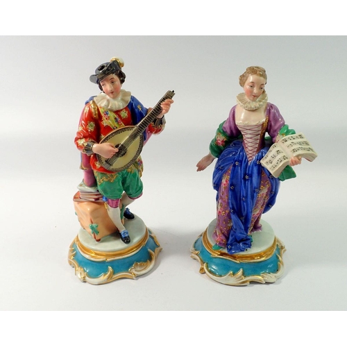 77 - A mid 19th century pair of French porcelain figures of mandolin player and singer in the style of Ja... 