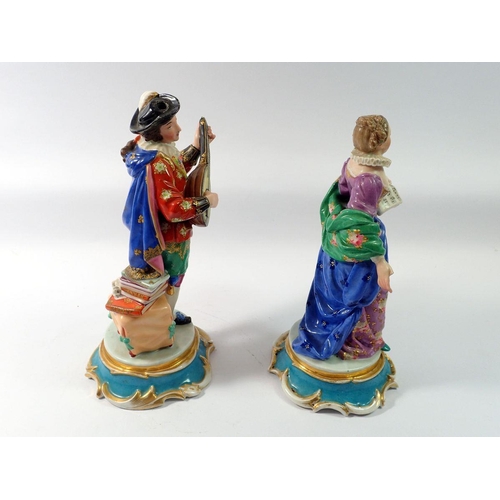 77 - A mid 19th century pair of French porcelain figures of mandolin player and singer in the style of Ja... 