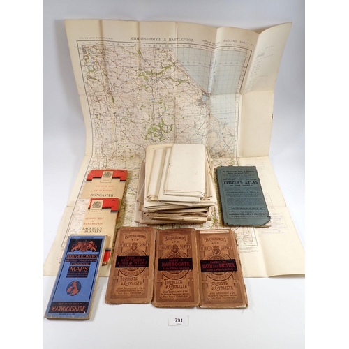 791 - A box of old maps including Bartholomews Tourists Cycle maps, OS maps on linen including military ma... 