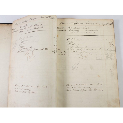 796 - A very interesting hand written cash book of invoices for property fires that took place in Gloucest... 