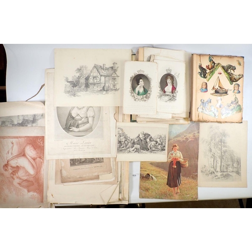 828 - A group of unframed antique engravings, decoupage album, portrait engravings and some watercolours e... 