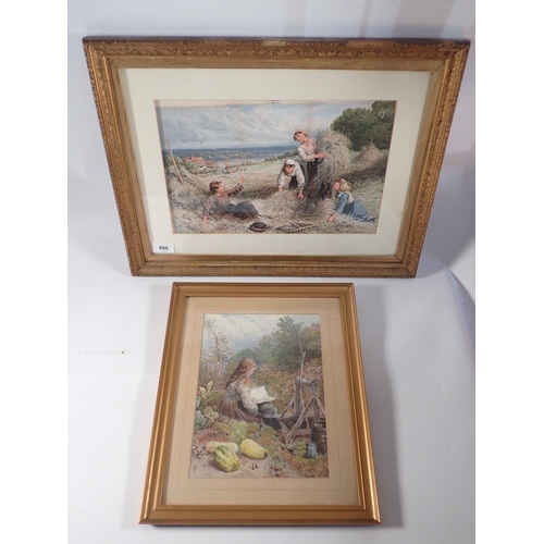 886 - Two prints after Birket Foster - Haymaking scene 23 x 36cm and girl seated by a well reading a book