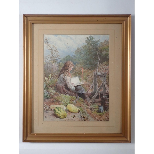 886 - Two prints after Birket Foster - Haymaking scene 23 x 36cm and girl seated by a well reading a book