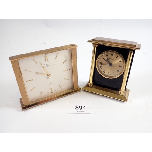 891 - A Swiza 8 day vintage clock with alarm in gilt case plus an Oris 8 day gilt bedside clock with alarm