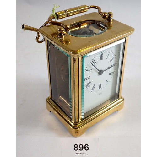 896 - A late 19th century French brass carriage clock by Perrett, Paris,  with vintage lever platform esca... 