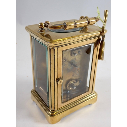 896 - A late 19th century French brass carriage clock by Perrett, Paris,  with vintage lever platform esca... 