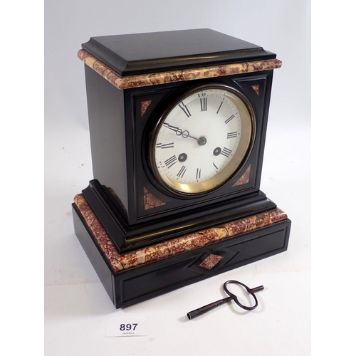 897 - A Victorian black slate and red marble mantel clock, 22cm