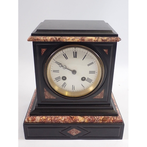 897 - A Victorian black slate and red marble mantel clock, 22cm