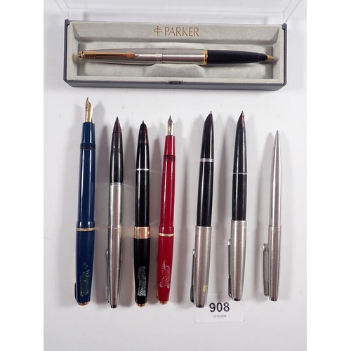 908 - A group of Parker pens including '45', '61', 'Slimfold' etc. plus an Art cased pen and pencil set (s... 