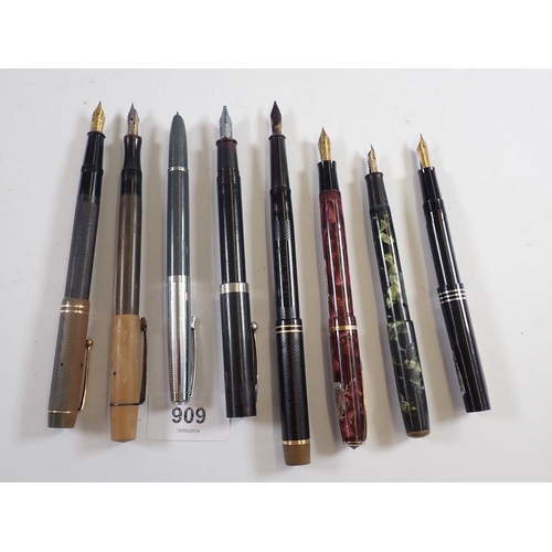 909 - A group of eight fountain pens including Onolo, Platignum, Burnham, Sheaffer etc. (some velcro mount... 