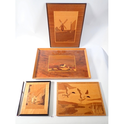 913 - A marquetry tray, 45 x 30cm and three marquetry pictures