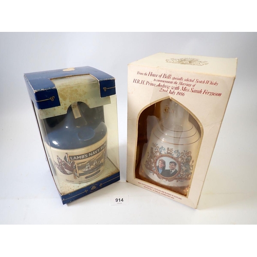 914 - A Lams Navy Rum HMS Warrior flagon sealed in original box plus a Bells Whisky commemorative Prince A... 