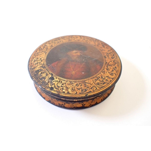 925 - A 19th century paper mache snuff box with continental portrait of a gentleman