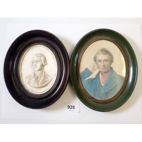 926 - An oval plaster miniature relief of William Pitt inscribed to verso and a hand tinted engraving of J... 