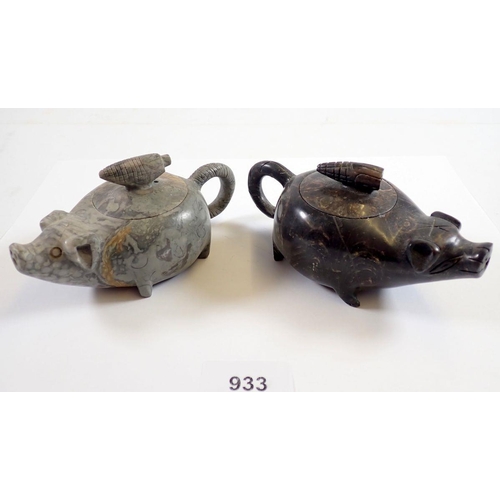 933 - Two carved stone pig teapots, 6.5cm tall