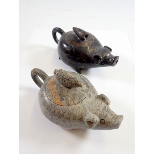 933 - Two carved stone pig teapots, 6.5cm tall