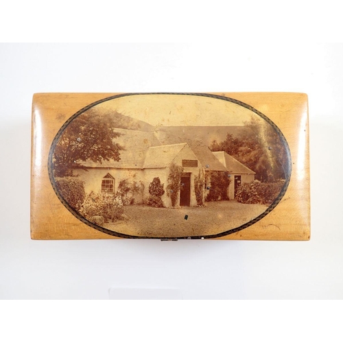 936 - A Mauchline ware souvenir box decorated scenes of Moffat, Scotland, 11.5cm wide