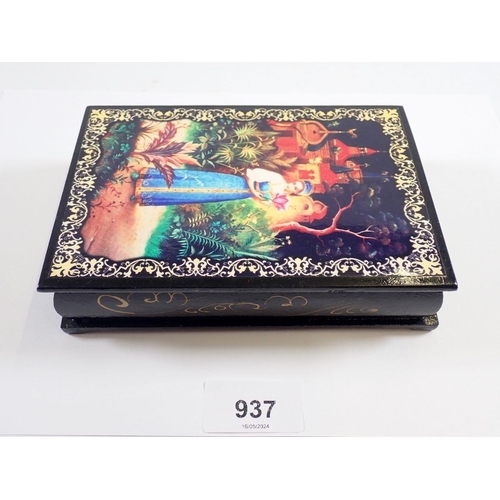 937 - A Russian painted lacquer box decorated scenes from 'The Scarlet Flower' 16 x 11cm