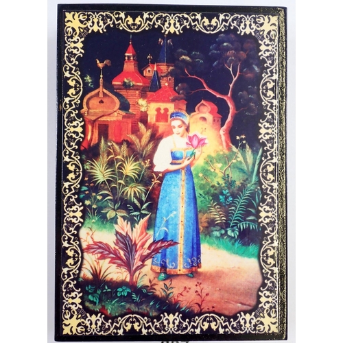 937 - A Russian painted lacquer box decorated scenes from 'The Scarlet Flower' 16 x 11cm