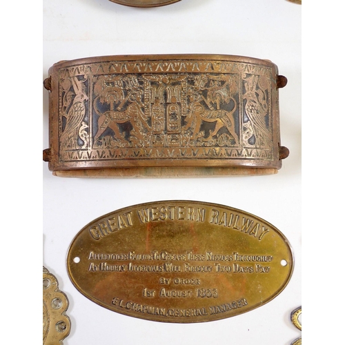 940 - A box of brass items including A German Josti patent Egyptian design blotter, GWR railway plaque, pr... 