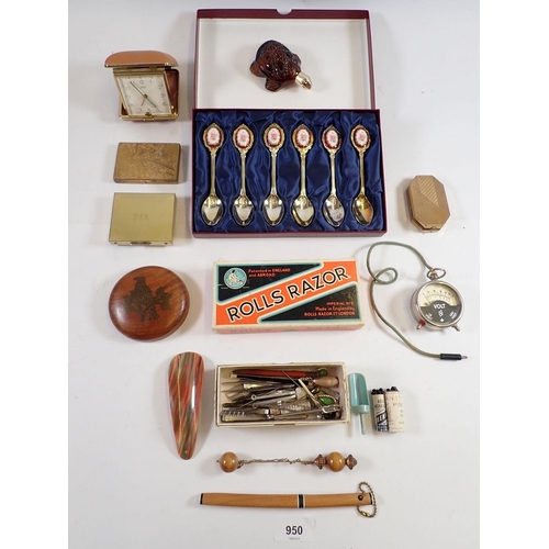 950 - Various collectables including Smiths travel clock, hair pins, compacts, Rolls Razor, Volt meter etc... 