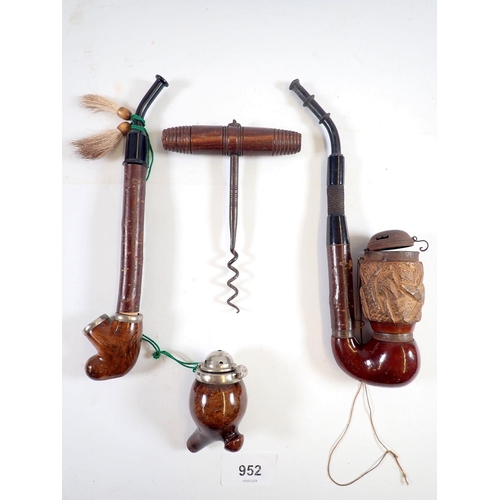 952 - Two old pipes and an antique corkscrew