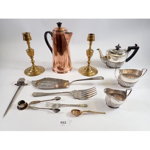 953 - A box of metalware including copper coffee jug, brass candlesticks etc.