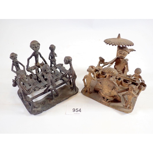 954 - Two Ashanti/Akhan bronze tableaus cast as a king and queen playing mancala with attendants and a gro... 