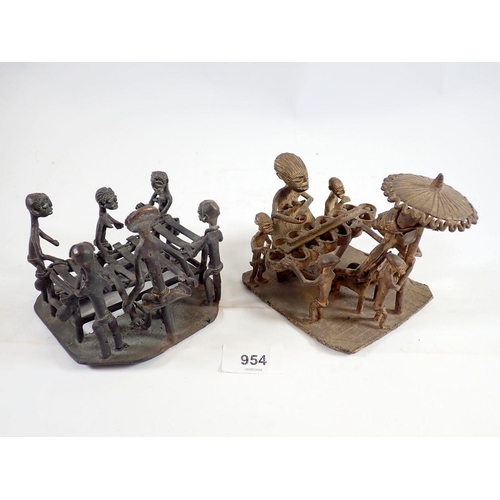 954 - Two Ashanti/Akhan bronze tableaus cast as a king and queen playing mancala with attendants and a gro... 