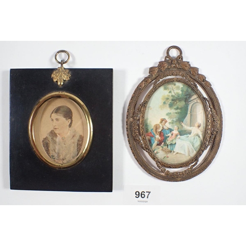 967 - A tinted print miniature portrait in ebonised frame, 6.5 x 5.5cm and another miniature print in gilt... 