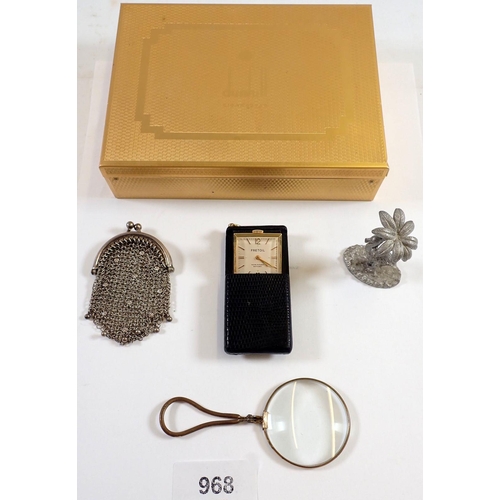 968 - A white metal chain coin purse, a lorgnette, a Spoontique pewter miniature flamingo, a Fretoil watch... 