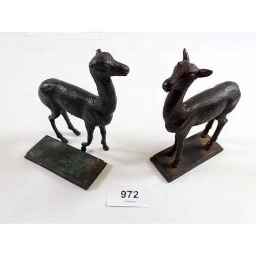 972 - A 19th century pair of bronze figures of young stags - one a/f, 12cm tall