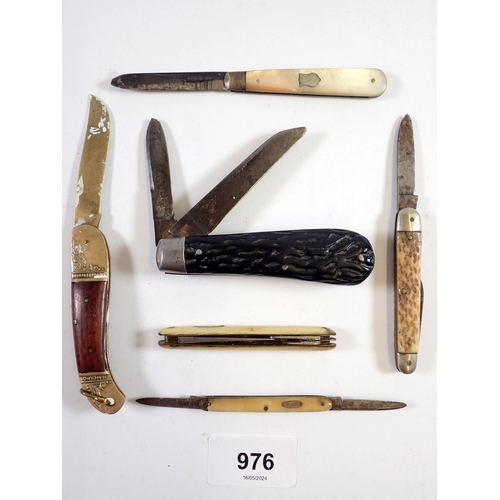 976 - A silver and mother of pearl fruit knife and five penknives