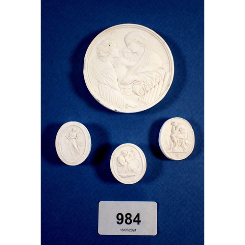 984 - Four antique plaster cameo plaques, largest 6cm