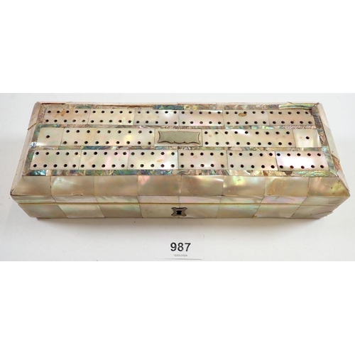 987 - A mother of pearl clad cribbage board and playing card box - a/f, 24.5cm wide