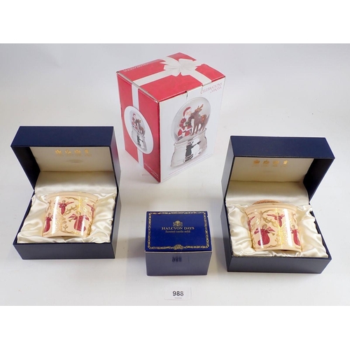 988 - Two Halcyon Days oval porcelain candles (used) and refill, all boxed plus a Mikosa Musical Snow Glob... 