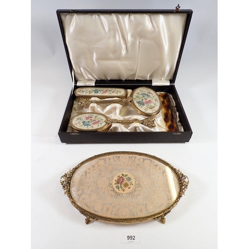 992 - A vintage gilt metal and tapestry dressing table set and tray