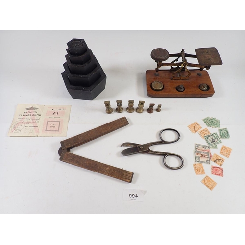 994 - A group of collectables including Post Office scales, selection of brass weights, 100g-2kg graduated... 