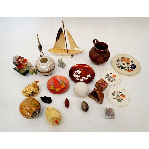 995 - A box of interesting collectables including enamel dishes, gemstones, horn sailing ship etc.