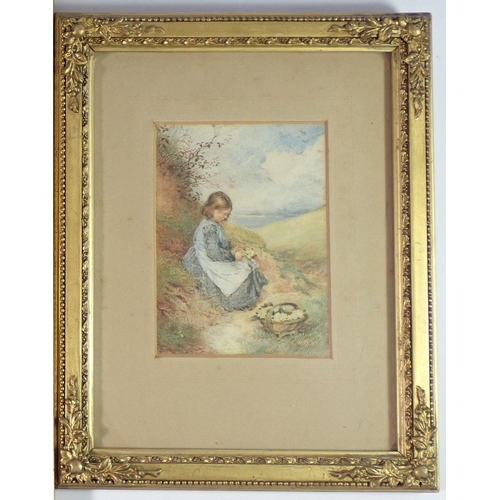 1087 - After Birket Foster - a watercolours of young girl, signed with BF monogram, 14 x 11cm