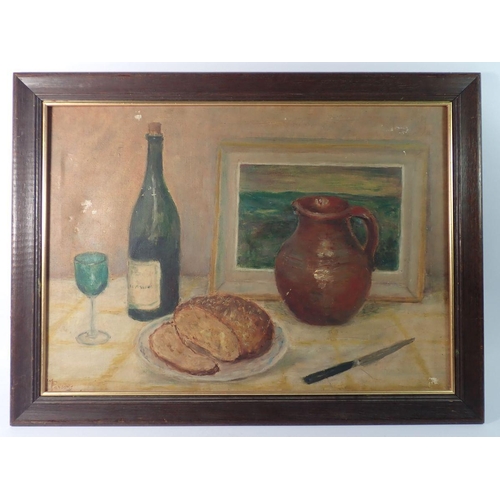 1200 - M Parsons - oil on canvas still life wine and loaf of bread, 38 x 54cm