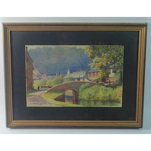 1238 - G F Harris - watercolour village scene with bridge over river, 17 x 27cm