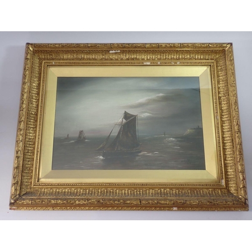 1244 - A Malton - oil on canvas Scarborough fishing boats, signed and dated 1920 in a 19th century glazed c... 