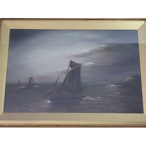 1244 - A Malton - oil on canvas Scarborough fishing boats, signed and dated 1920 in a 19th century glazed c... 