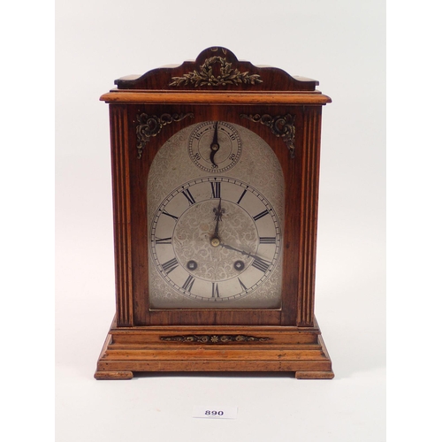 890 - A late 19th century oak mantel clock with German movement marked Lenzkirch, the silvered face with s... 